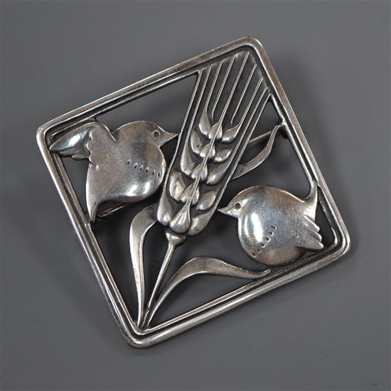 A Georg Jensen sterling two birds with barley ear square brooch, no. 250, 36mm.